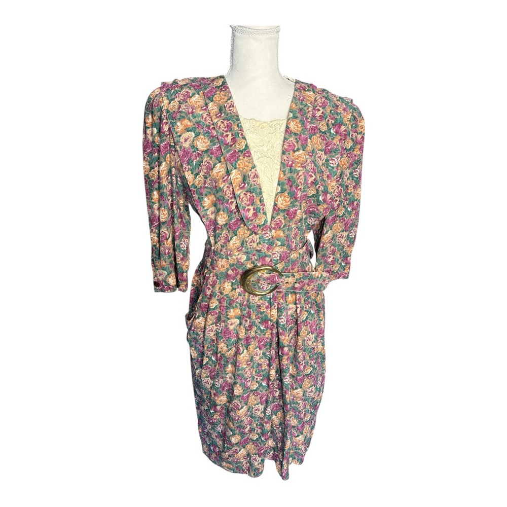 VINTAGE 70-80s S.L. Petites Floral Belted Wrap Dress in Pink, Green & Cream S/M